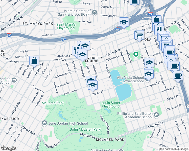 map of restaurants, bars, coffee shops, grocery stores, and more near 1219 Felton Street in San Francisco