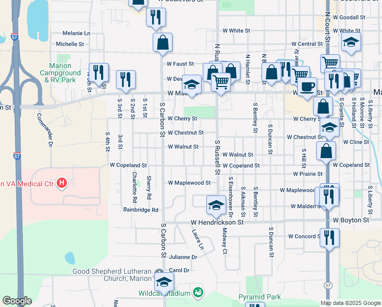 map of restaurants, bars, coffee shops, grocery stores, and more near 502 South Dayton Street in Marion
