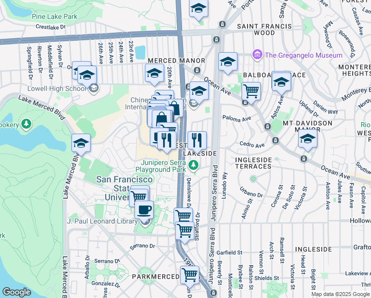 map of restaurants, bars, coffee shops, grocery stores, and more near 155 Winston Drive in San Francisco
