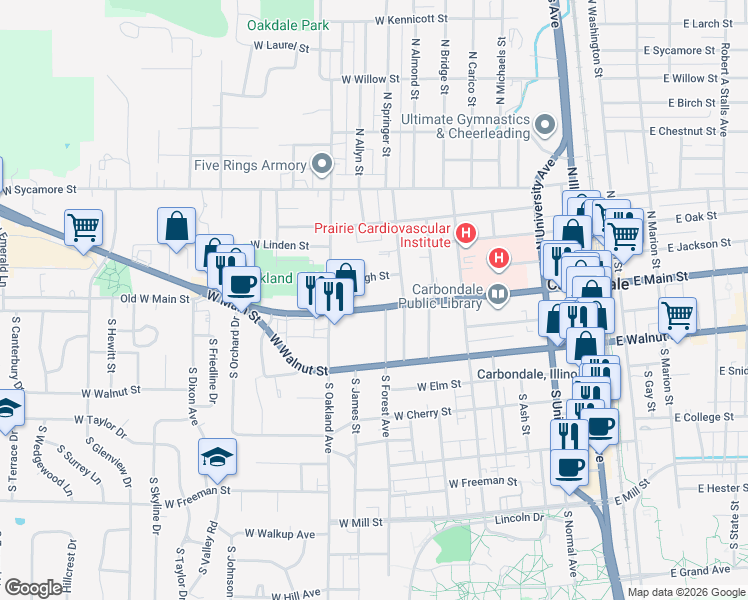 map of restaurants, bars, coffee shops, grocery stores, and more near 802 West Main Street in Carbondale