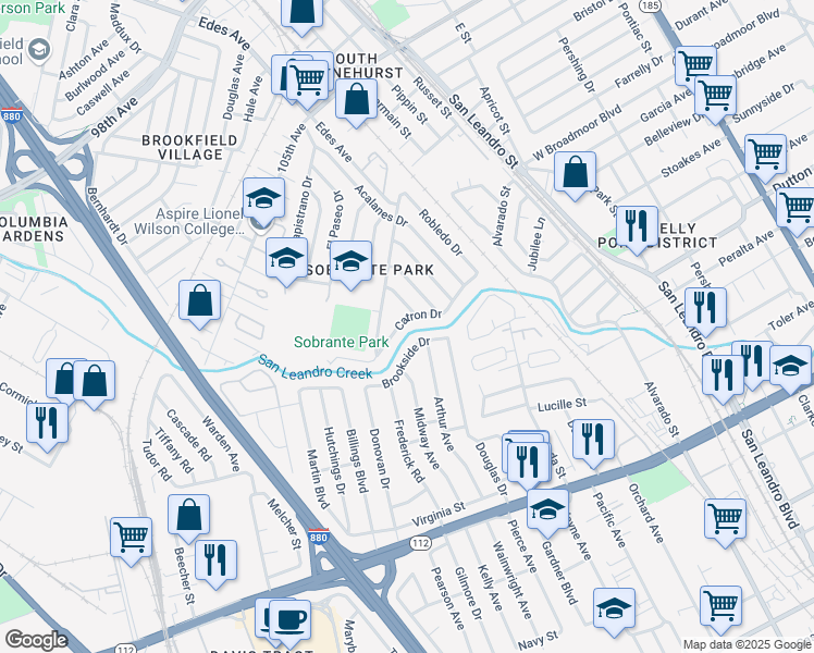 map of restaurants, bars, coffee shops, grocery stores, and more near 320 Catron Drive in Oakland