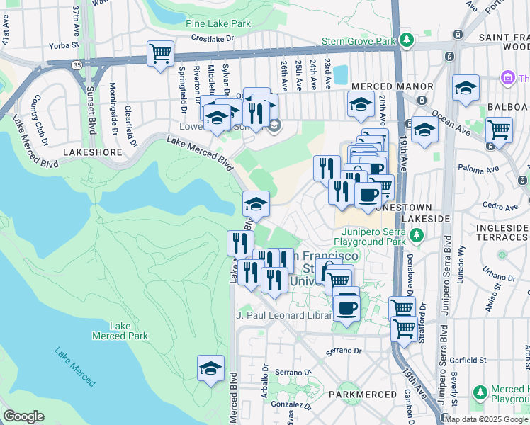 map of restaurants, bars, coffee shops, grocery stores, and more near 1600 Holloway Avenue in San Francisco