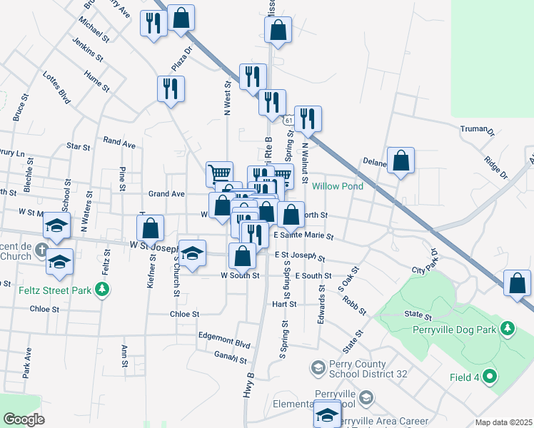 map of restaurants, bars, coffee shops, grocery stores, and more near in Perryville