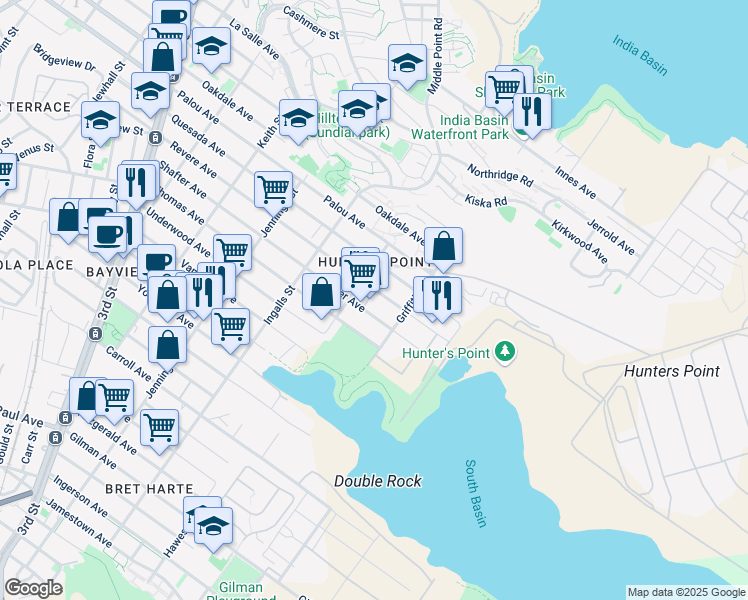 map of restaurants, bars, coffee shops, grocery stores, and more near 1146 Shafter Avenue in San Francisco