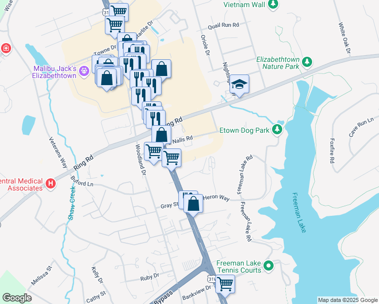 map of restaurants, bars, coffee shops, grocery stores, and more near Cranes Roost Court in Elizabethtown