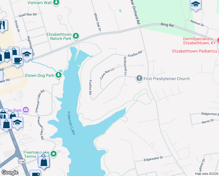 map of restaurants, bars, coffee shops, grocery stores, and more near 705-799 Foxfire Road in Elizabethtown