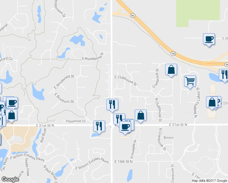 map of restaurants, bars, coffee shops, grocery stores, and more near 2398 North Vinegate Circle in Wichita