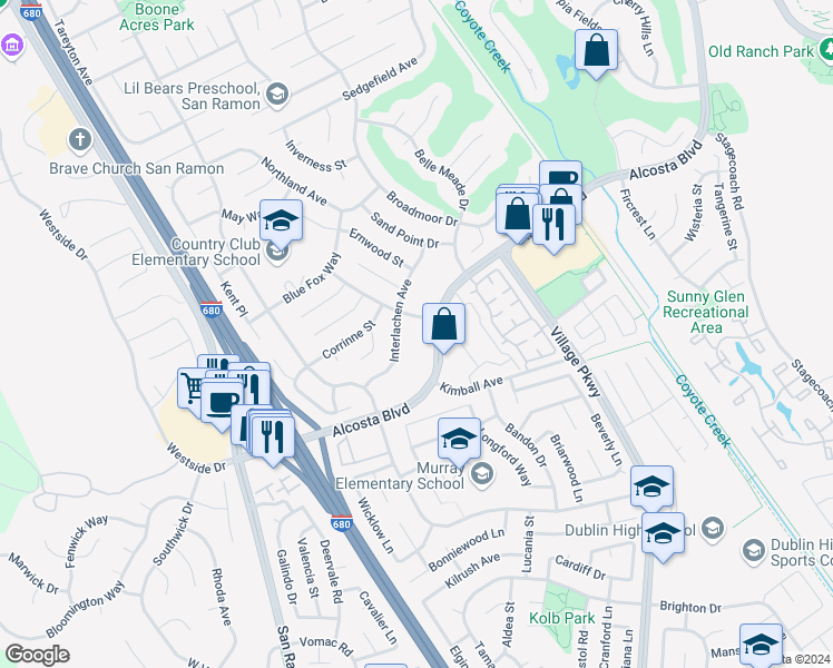 map of restaurants, bars, coffee shops, grocery stores, and more near 9025 Alcosta Boulevard in San Ramon
