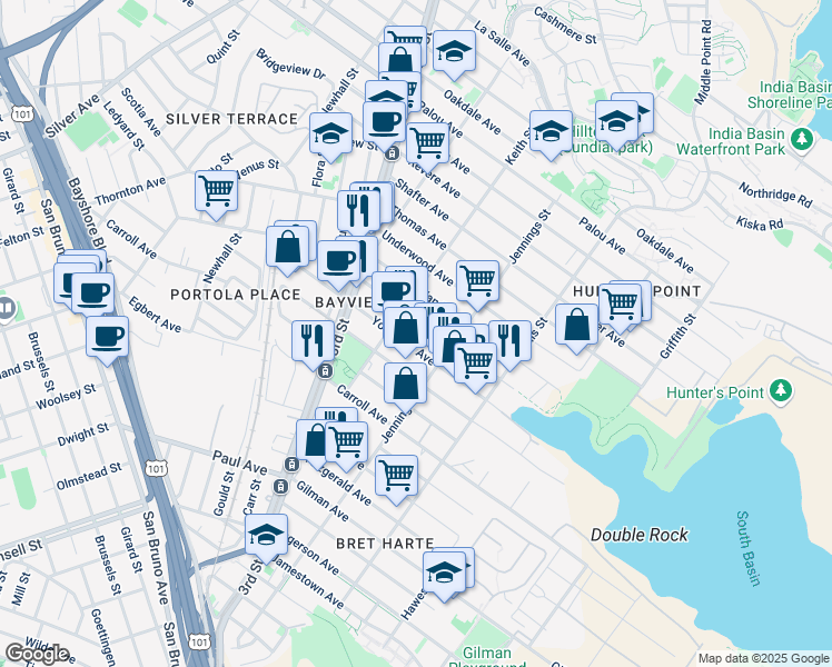 map of restaurants, bars, coffee shops, grocery stores, and more near 1550 Yosemite Avenue in San Francisco