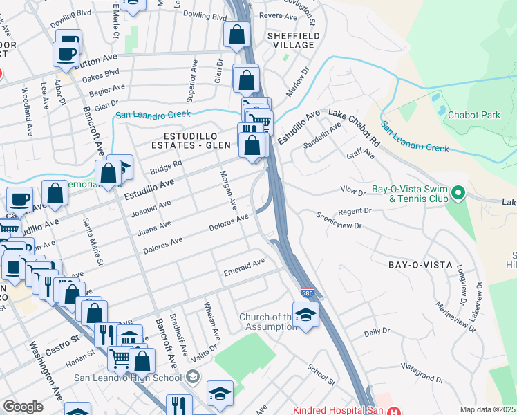 map of restaurants, bars, coffee shops, grocery stores, and more near 1538 Grand Avenue in San Leandro