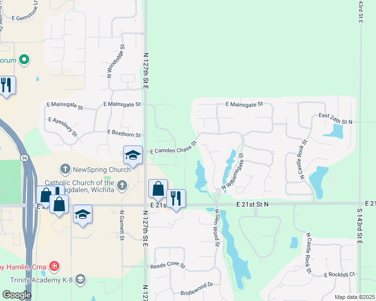 map of restaurants, bars, coffee shops, grocery stores, and more near 13121 East Camden Chase Street in Wichita