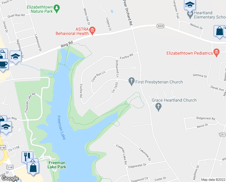map of restaurants, bars, coffee shops, grocery stores, and more near Driftwood Lane in Elizabethtown