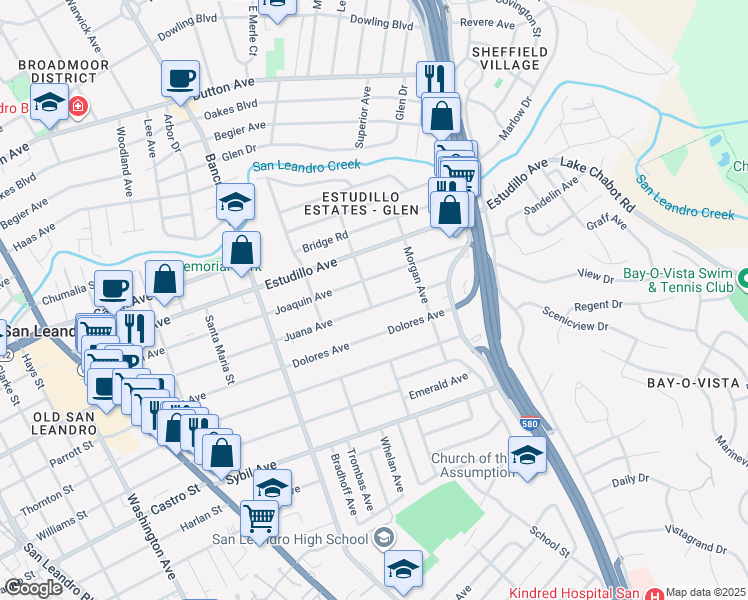 map of restaurants, bars, coffee shops, grocery stores, and more near 776 Juana Avenue in San Leandro