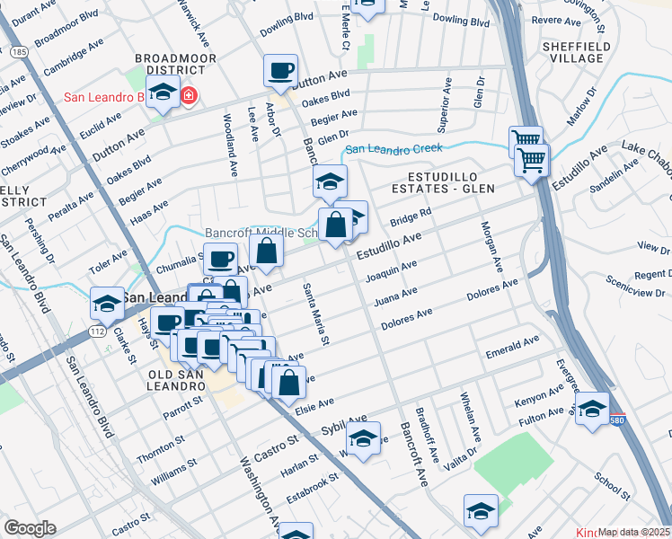 map of restaurants, bars, coffee shops, grocery stores, and more near 1395 Bancroft Avenue in San Leandro