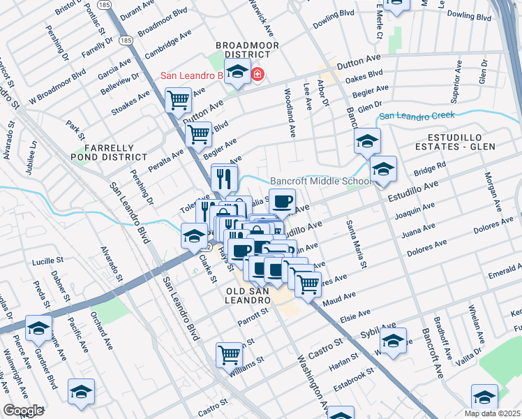 map of restaurants, bars, coffee shops, grocery stores, and more near 132 Callan Avenue in San Leandro