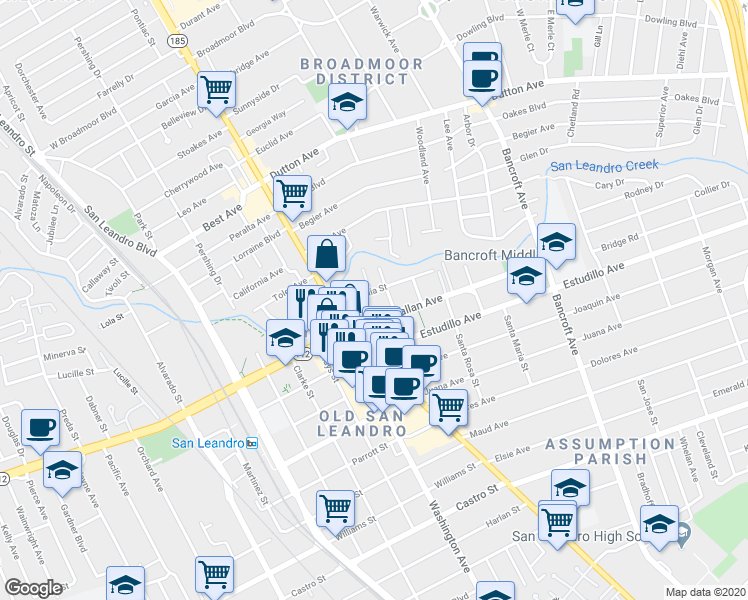 map of restaurants, bars, coffee shops, grocery stores, and more near 132 Callan Avenue in San Leandro