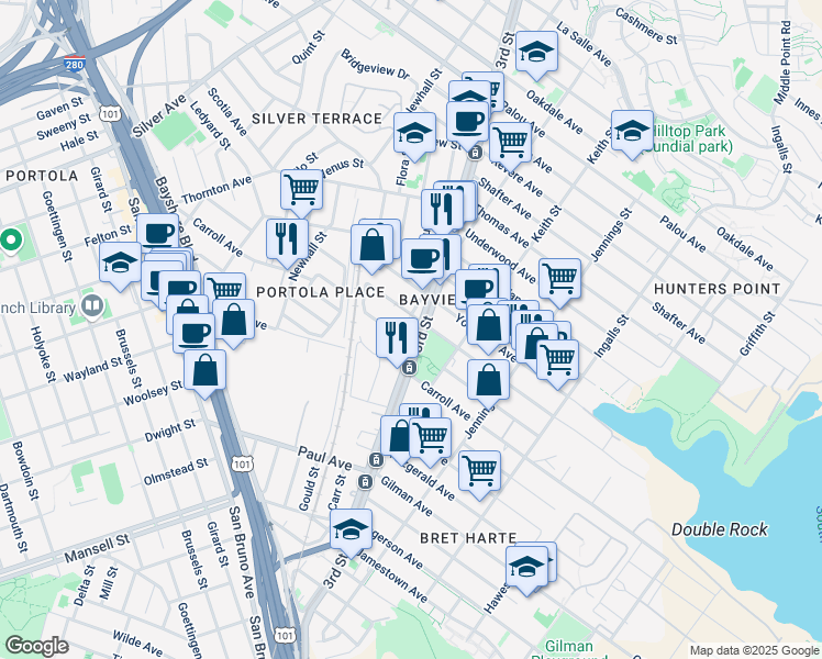 map of restaurants, bars, coffee shops, grocery stores, and more near 5698 3rd Street in San Francisco