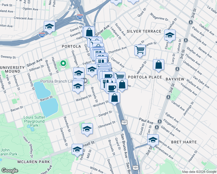 map of restaurants, bars, coffee shops, grocery stores, and more near in San Francisco