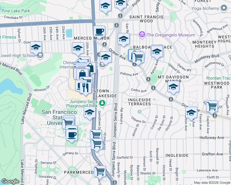map of restaurants, bars, coffee shops, grocery stores, and more near 195 Lunado Way in San Francisco