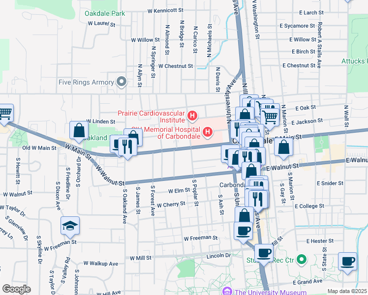 map of restaurants, bars, coffee shops, grocery stores, and more near 507 1/2 West Main Street in Carbondale