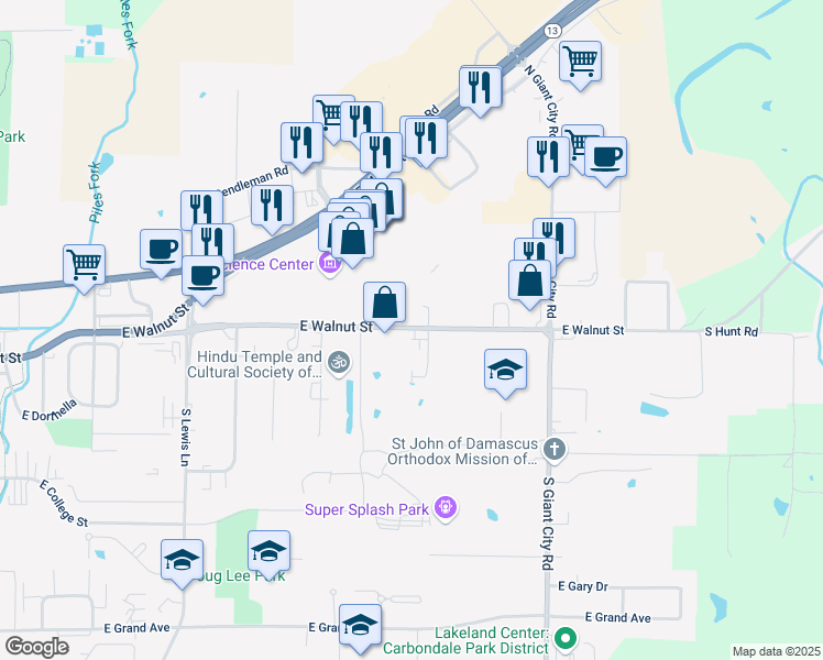 map of restaurants, bars, coffee shops, grocery stores, and more near 1271 East Walnut Street in Carbondale