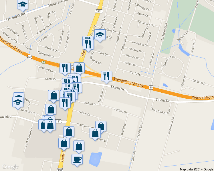 map of restaurants, bars, coffee shops, grocery stores, and more near 515 Salem Drive in Owensboro