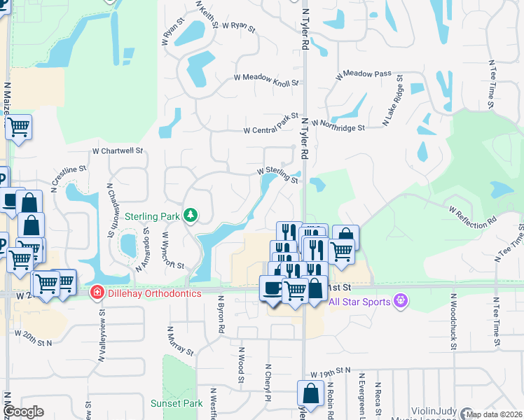 map of restaurants, bars, coffee shops, grocery stores, and more near 2329 North Baytree Street in Wichita