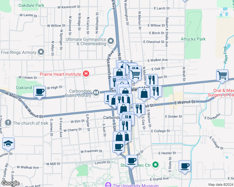 map of restaurants, bars, coffee shops, grocery stores, and more near 211 West Main Street in Carbondale