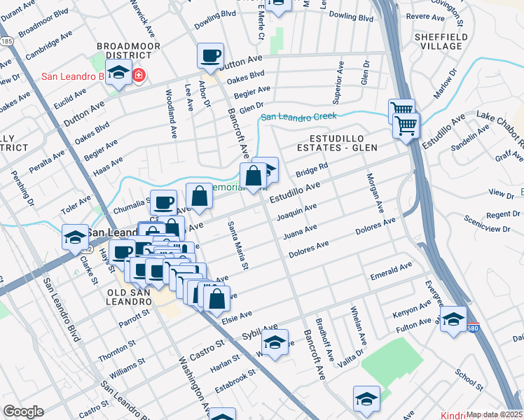 map of restaurants, bars, coffee shops, grocery stores, and more near 1395 Bancroft Avenue in San Leandro