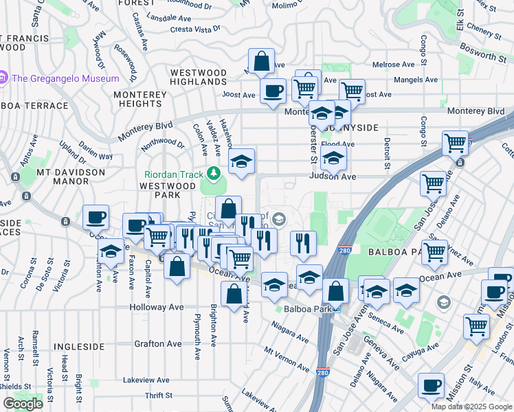 map of restaurants, bars, coffee shops, grocery stores, and more near 199 Phelan Avenue in San Francisco