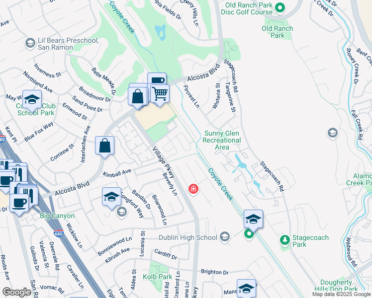 map of restaurants, bars, coffee shops, grocery stores, and more near 659 Greylyn Drive in San Ramon