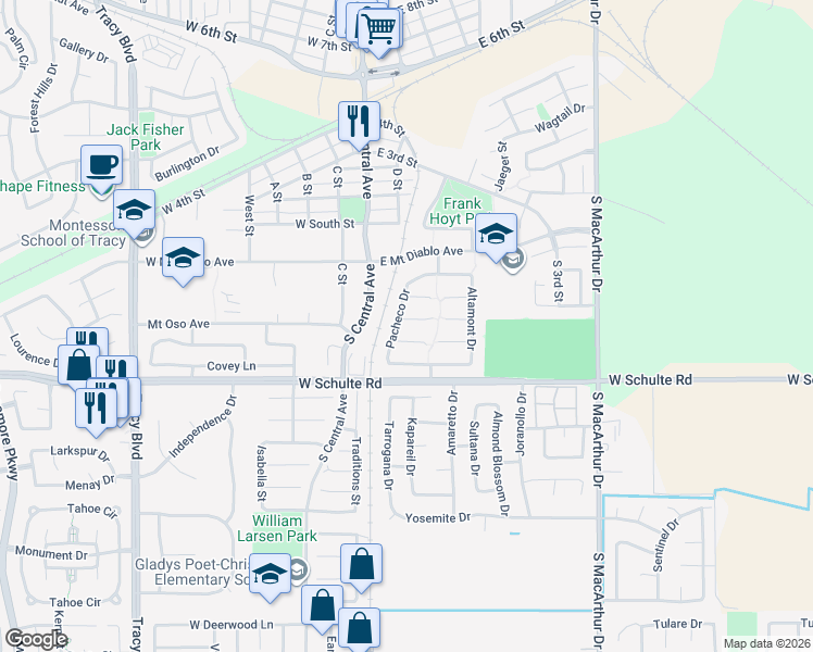 map of restaurants, bars, coffee shops, grocery stores, and more near 130 Alum Rock Court in Tracy