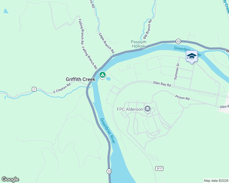 map of restaurants, bars, coffee shops, grocery stores, and more near 1486 Glen Ray Road in Alderson