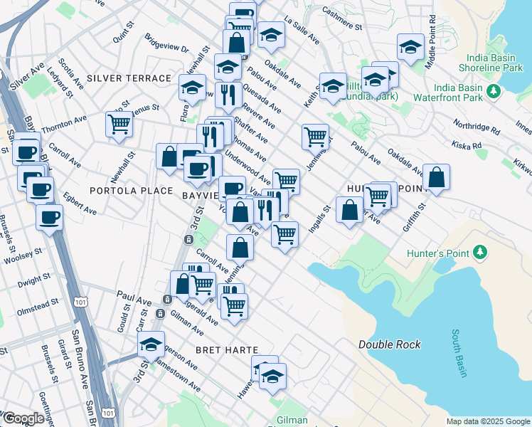 map of restaurants, bars, coffee shops, grocery stores, and more near 2200 Jennings Street in San Francisco