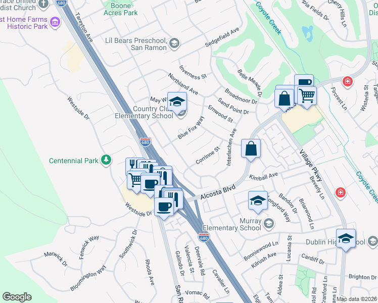 map of restaurants, bars, coffee shops, grocery stores, and more near 183 Madelia Place in San Ramon