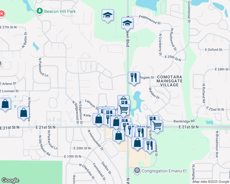map of restaurants, bars, coffee shops, grocery stores, and more near 6103 Croyden Circle in Wichita