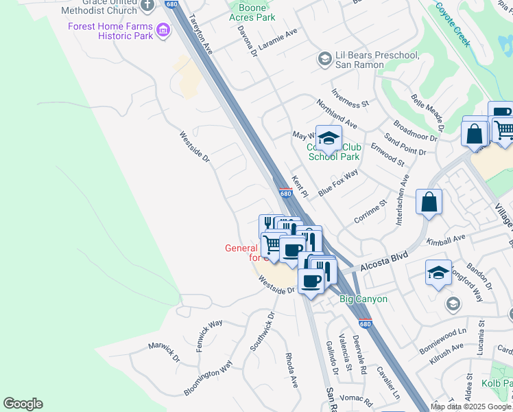 map of restaurants, bars, coffee shops, grocery stores, and more near 60 Foster Drive in San Ramon