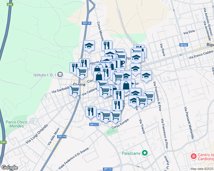 map of restaurants, bars, coffee shops, grocery stores, and more near 30 Via Alessandro Manzoni in Giarre