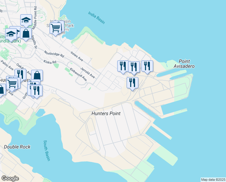 map of restaurants, bars, coffee shops, grocery stores, and more near 55 Innes Court in San Francisco