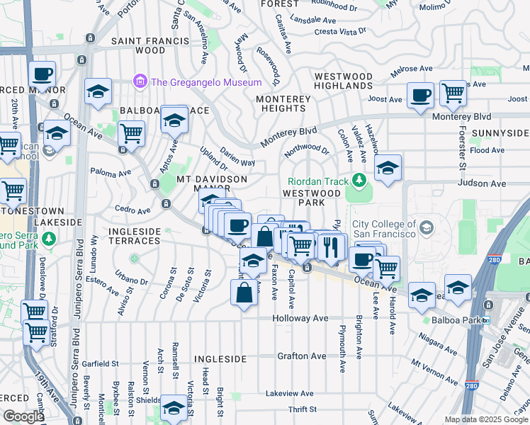 map of restaurants, bars, coffee shops, grocery stores, and more near 306 Dorado Terrace in San Francisco