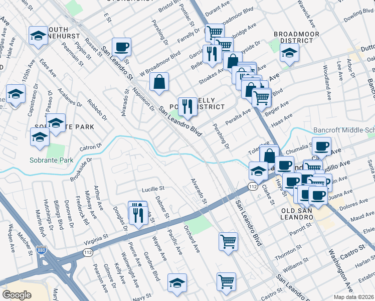map of restaurants, bars, coffee shops, grocery stores, and more near 806 Alvarado Street in San Leandro