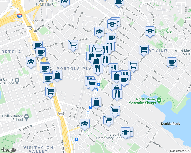map of restaurants, bars, coffee shops, grocery stores, and more near 5698 3rd Street in San Francisco