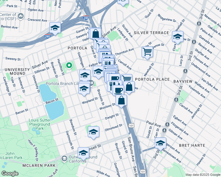 map of restaurants, bars, coffee shops, grocery stores, and more near 98 Wayland Street in San Francisco