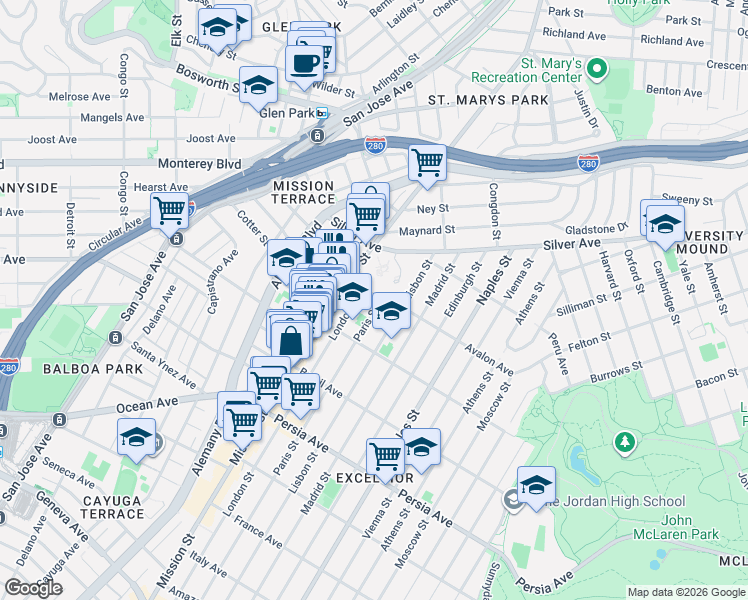 map of restaurants, bars, coffee shops, grocery stores, and more near 138 Paris Street in San Francisco