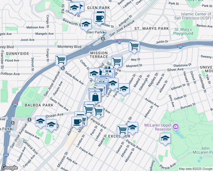 map of restaurants, bars, coffee shops, grocery stores, and more near 4475 Mission Street in San Francisco