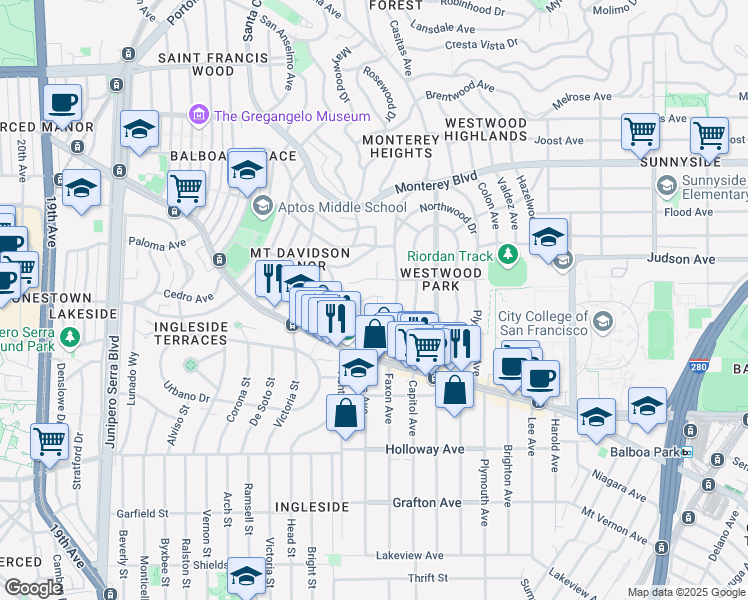 map of restaurants, bars, coffee shops, grocery stores, and more near 306 Dorado Terrace in San Francisco