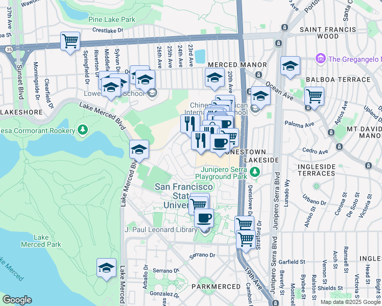 map of restaurants, bars, coffee shops, grocery stores, and more near 240 Buckingham Way in San Francisco