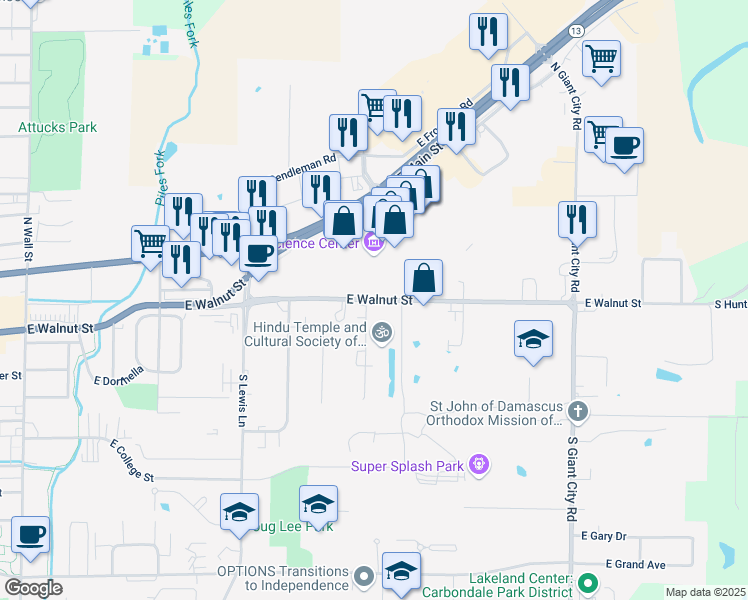 map of restaurants, bars, coffee shops, grocery stores, and more near 1237-1299 East Walnut Street in Carbondale
