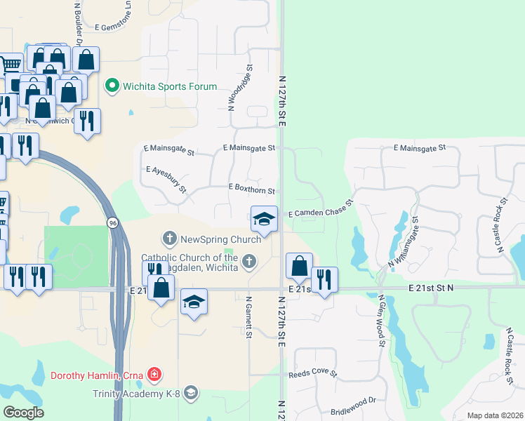 map of restaurants, bars, coffee shops, grocery stores, and more near 2417 127th Court in Wichita