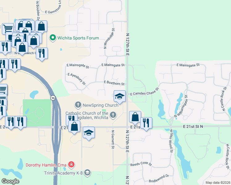 map of restaurants, bars, coffee shops, grocery stores, and more near 2417 127th Court in Wichita